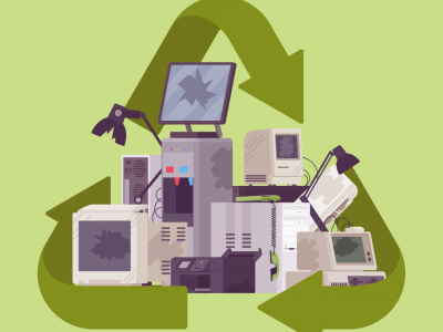Recycling green symbol for electronic appliances waste trash pile